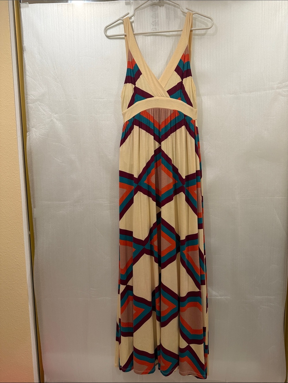 Sweetees Cream Maxi Dress with Teal, Rust & Plum Geometric Print